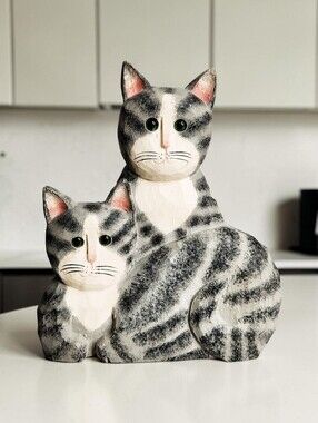 James Haddon Signed Hand Carved Striped Gray Tabby Cats Wood Figurine Folk Art